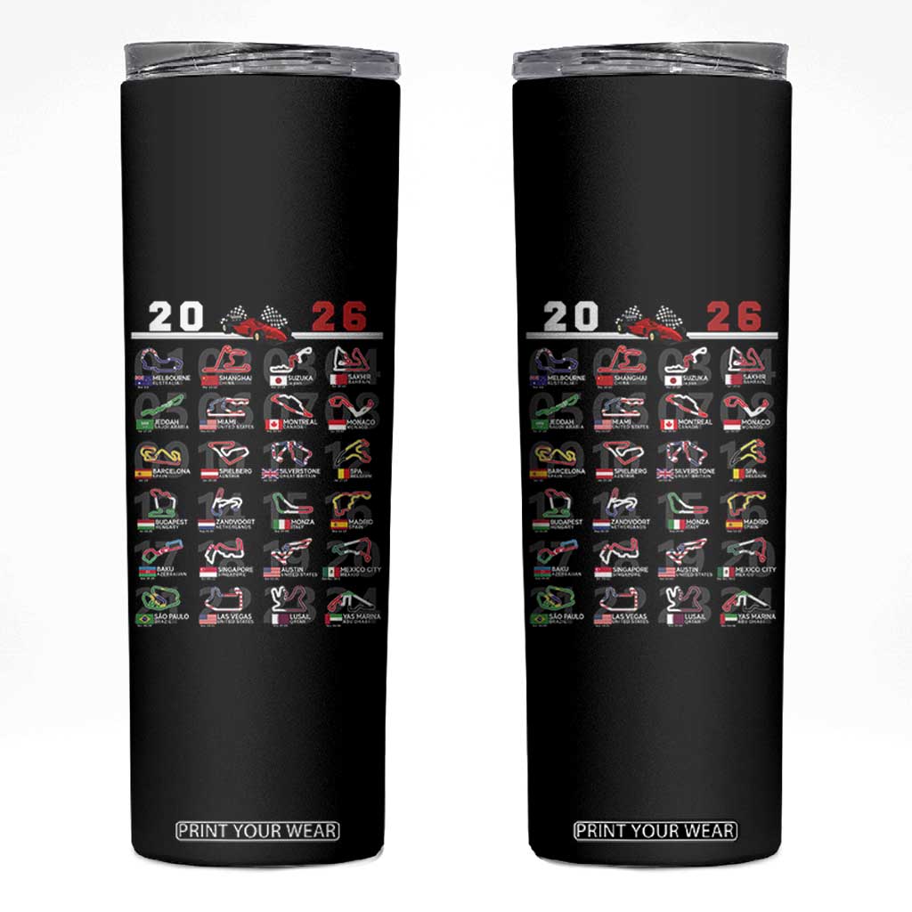 2026 Car Racing Circuit Skinny Tumbler International Race Track Schedule Graphic with Flags TS02 Black Print Your Wear
