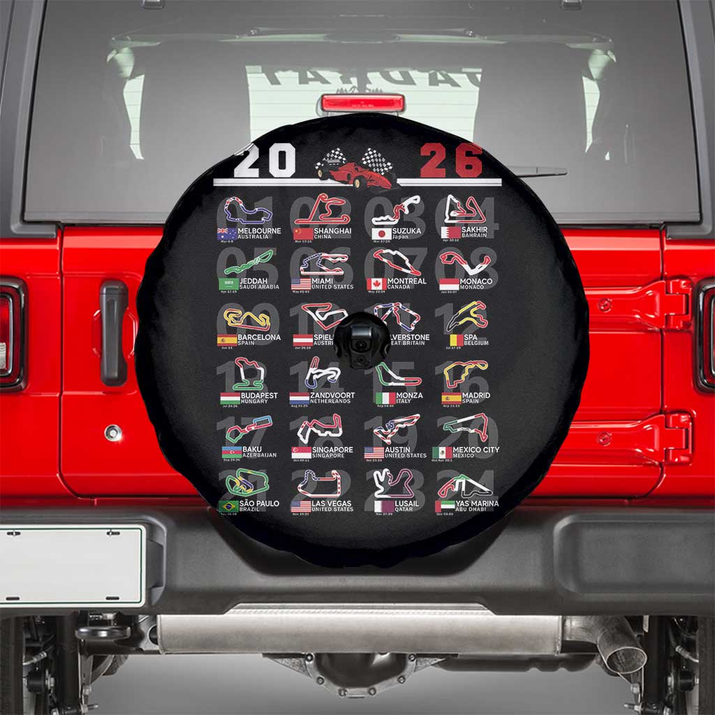 2026 Car Racing Circuit Spare Tire Cover International Race Track Schedule Graphic with Flags TS02 Black Print Your Wear