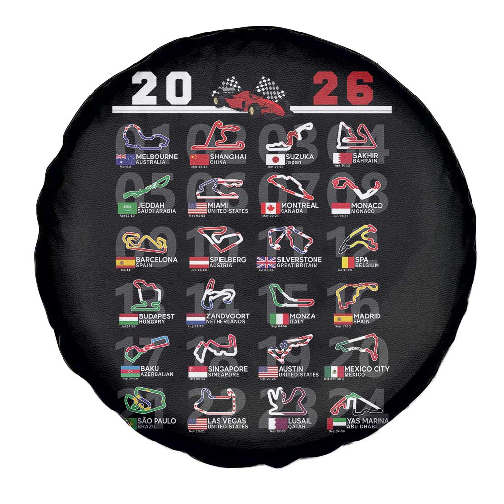 2026 Car Racing Circuit Spare Tire Cover International Race Track Schedule Graphic with Flags TS02 Print Your Wear