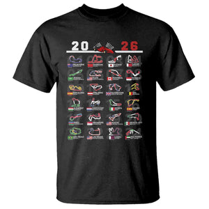 2026 Car Racing Circuit T Shirt International Race Track Schedule Graphic with Flags TS02 Black Print Your Wear