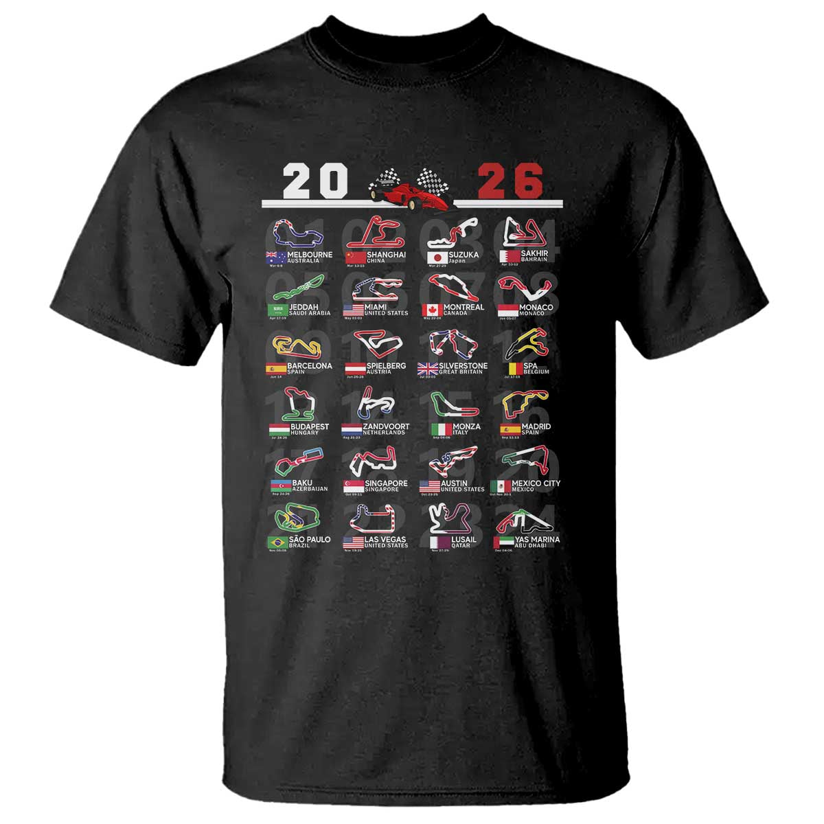 2026 Car Racing Circuit T Shirt International Race Track Schedule Graphic with Flags TS02 Black Print Your Wear