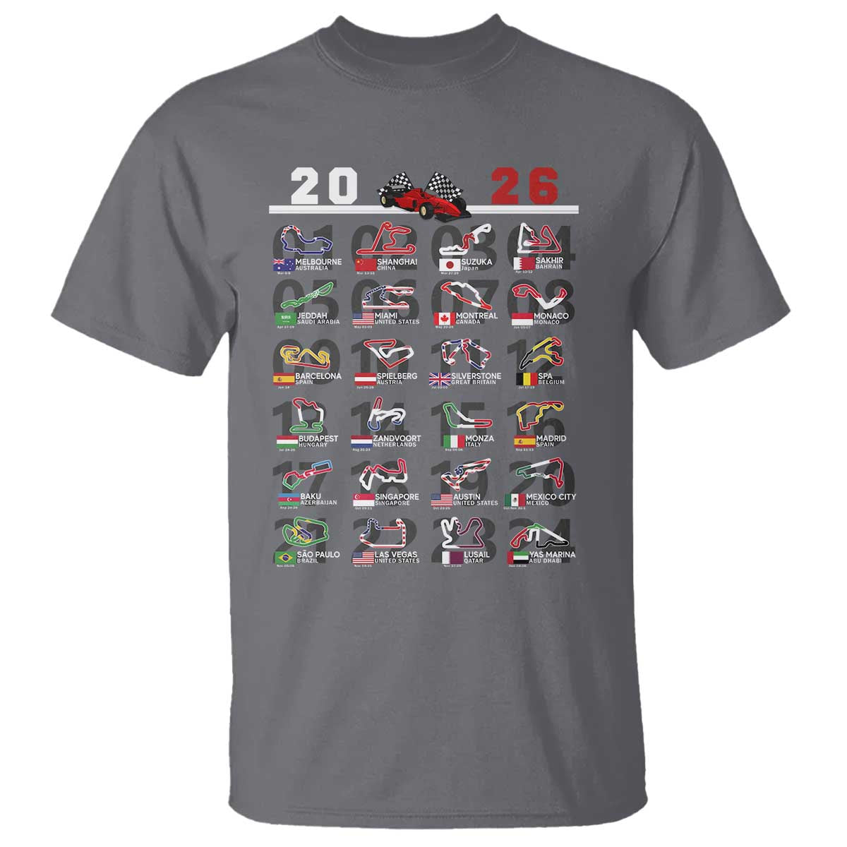 2026 Car Racing Circuit T Shirt International Race Track Schedule Graphic with Flags TS02 Charcoal Print Your Wear