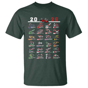 2026 Car Racing Circuit T Shirt International Race Track Schedule Graphic with Flags TS02 Dark Forest Green Print Your Wear