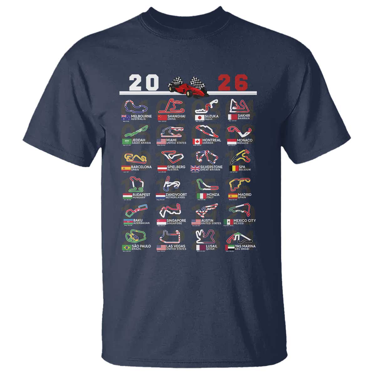 2026 Car Racing Circuit T Shirt International Race Track Schedule Graphic with Flags TS02 Navy Print Your Wear