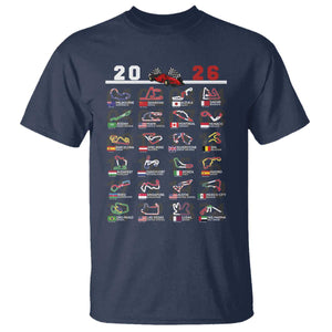 2026 Car Racing Circuit T Shirt International Race Track Schedule Graphic with Flags TS02 Navy Print Your Wear