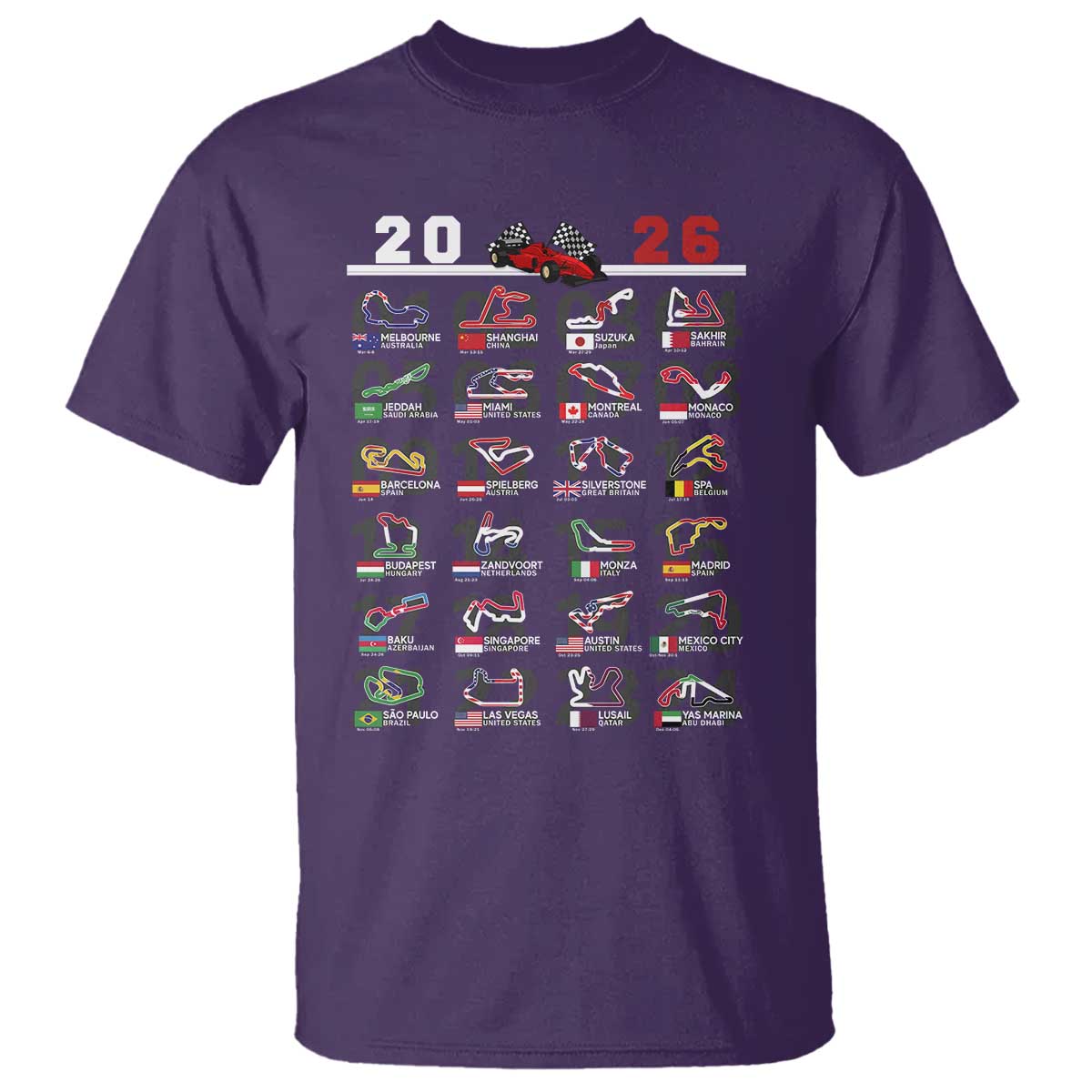 2026 Car Racing Circuit T Shirt International Race Track Schedule Graphic with Flags TS02 Purple Print Your Wear