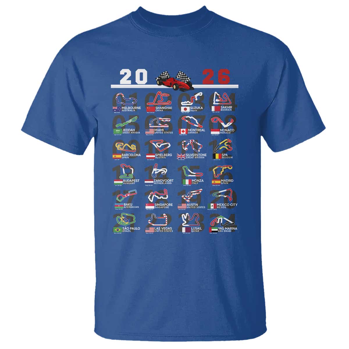 2026 Car Racing Circuit T Shirt International Race Track Schedule Graphic with Flags TS02 Royal Blue Print Your Wear