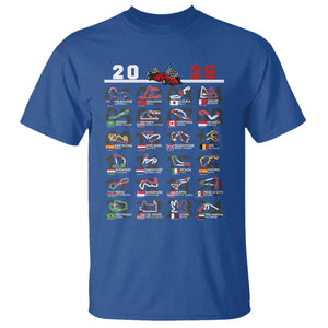 2026 Car Racing Circuit T Shirt International Race Track Schedule Graphic with Flags TS02 Royal Blue Print Your Wear
