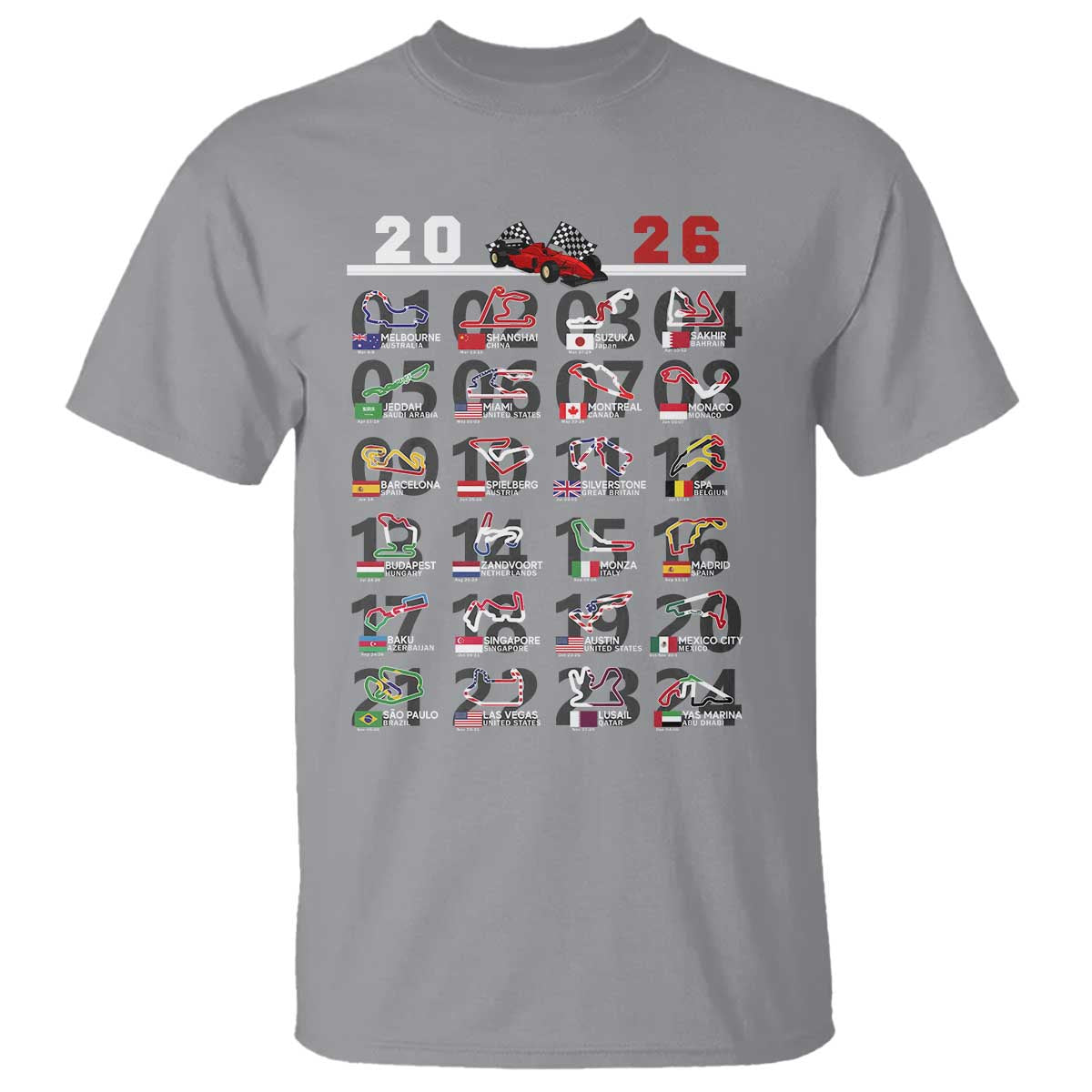 2026 Car Racing Circuit T Shirt International Race Track Schedule Graphic with Flags TS02 Sport Gray Print Your Wear