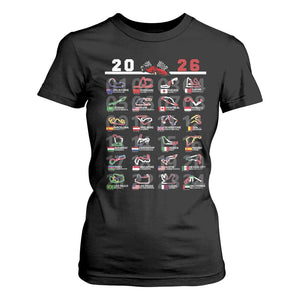 2026 Car Racing Circuit T Shirt For Women International Race Track Schedule Graphic with Flags TS02 Black Print Your Wear