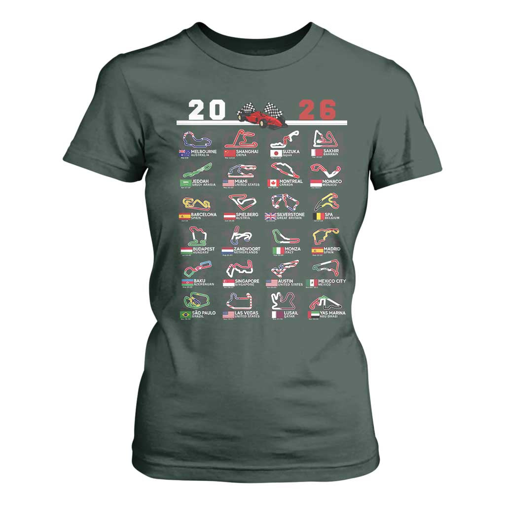 2026 Car Racing Circuit T Shirt For Women International Race Track Schedule Graphic with Flags TS02 Dark Forest Green Print Your Wear