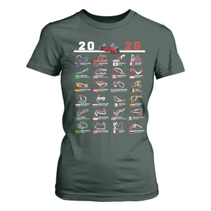 2026 Car Racing Circuit T Shirt For Women International Race Track Schedule Graphic with Flags TS02 Dark Forest Green Print Your Wear