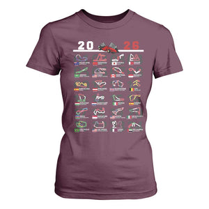 2026 Car Racing Circuit T Shirt For Women International Race Track Schedule Graphic with Flags TS02 Maroon Print Your Wear
