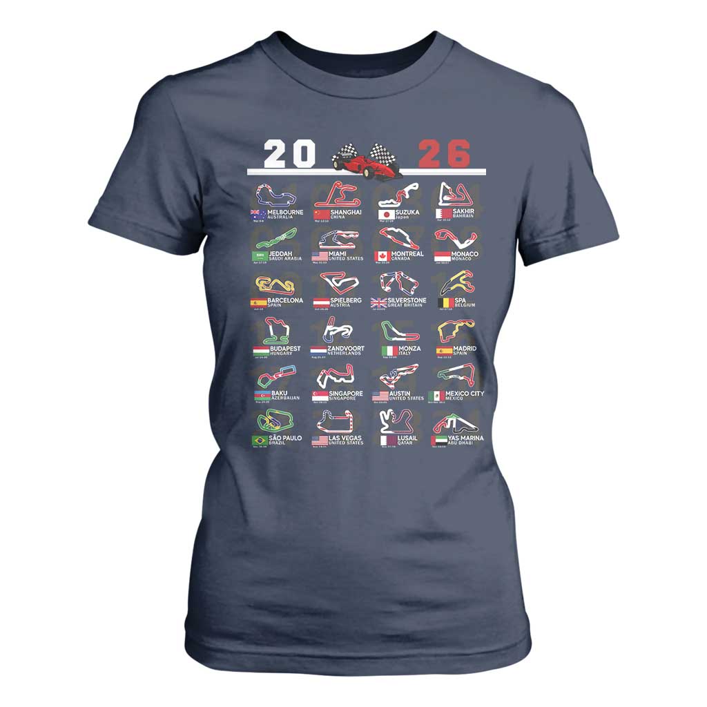 2026 Car Racing Circuit T Shirt For Women International Race Track Schedule Graphic with Flags TS02 Navy Print Your Wear