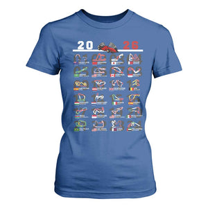 2026 Car Racing Circuit T Shirt For Women International Race Track Schedule Graphic with Flags TS02 Royal Blue Print Your Wear