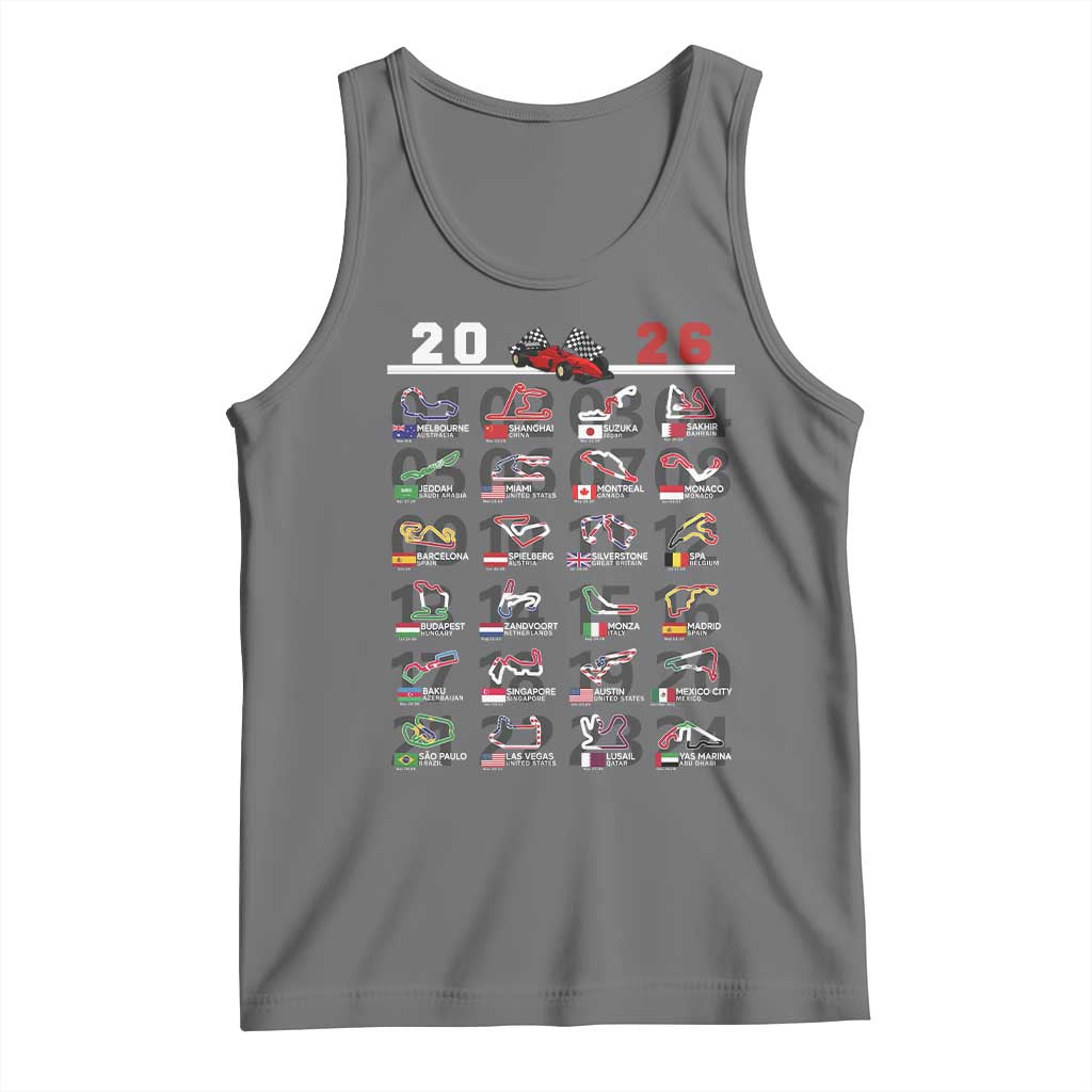 2026 Car Racing Circuit Tank Top International Race Track Schedule Graphic with Flags TS02 Black Heather Print Your Wear