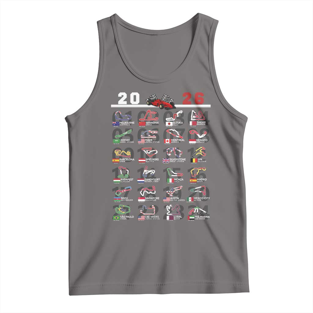 2026 Car Racing Circuit Tank Top International Race Track Schedule Graphic with Flags TS02 Deep Heather Print Your Wear