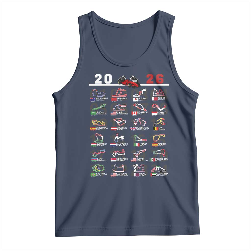 2026 Car Racing Circuit Tank Top International Race Track Schedule Graphic with Flags TS02 Navy Print Your Wear