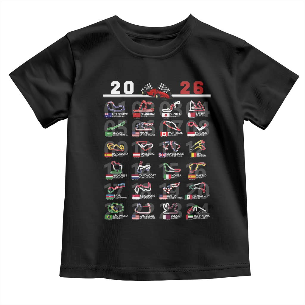 2026 Car Racing Circuit Toddler T Shirt International Race Track Schedule Graphic with Flags TS02 Black Print Your Wear