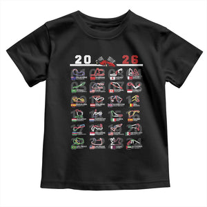 2026 Car Racing Circuit Toddler T Shirt International Race Track Schedule Graphic with Flags TS02 Black Print Your Wear
