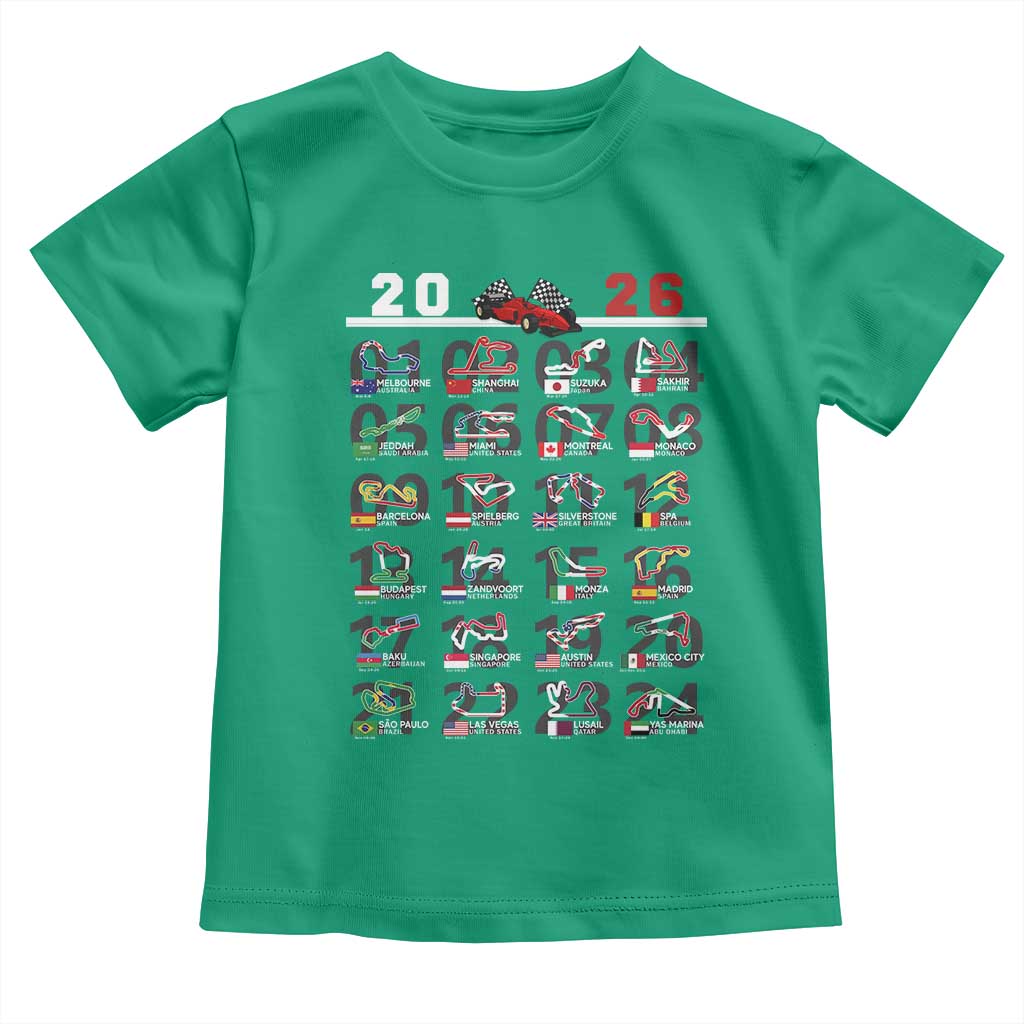 2026 Car Racing Circuit Toddler T Shirt International Race Track Schedule Graphic with Flags TS02 Irish Green Print Your Wear