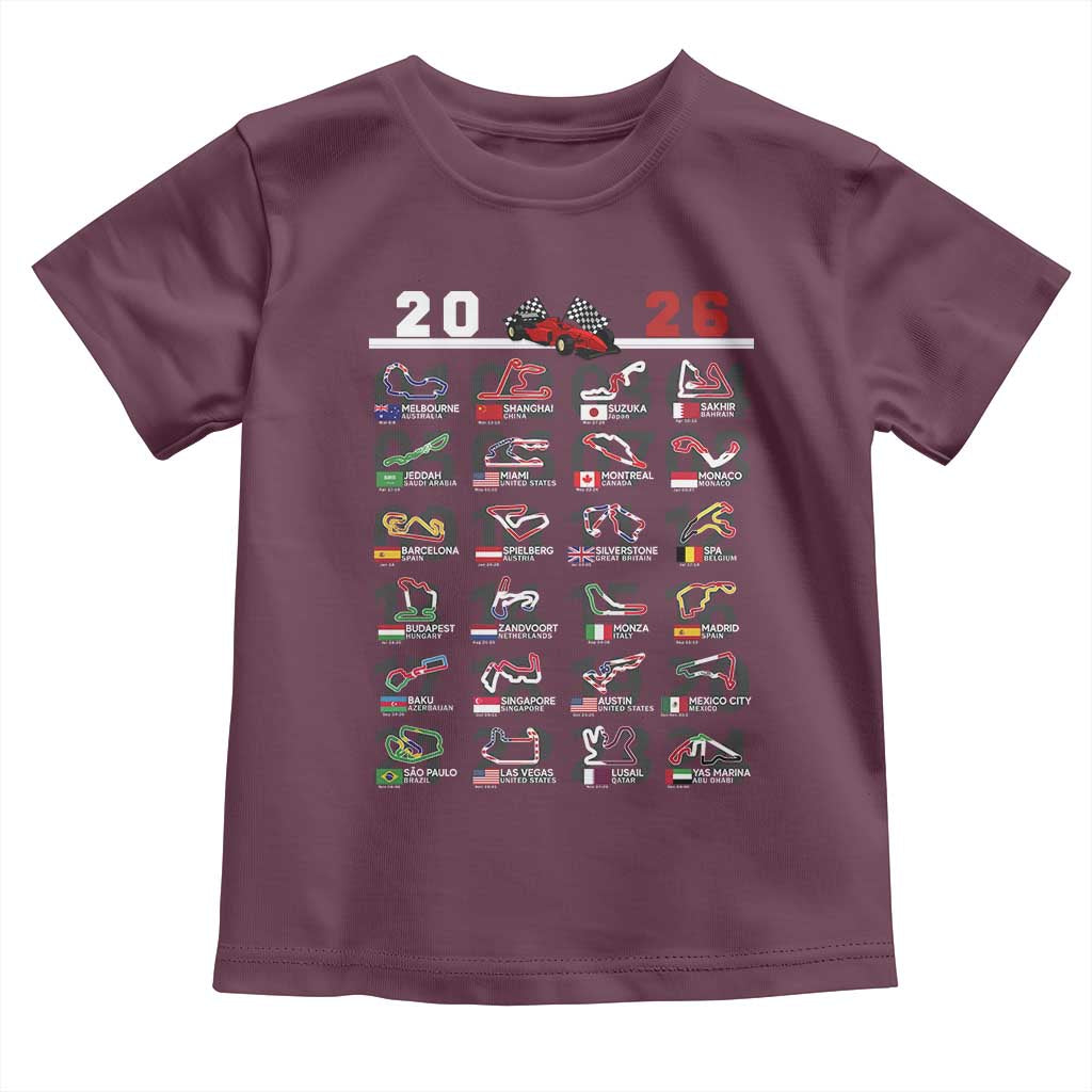 2026 Car Racing Circuit Toddler T Shirt International Race Track Schedule Graphic with Flags TS02 Maroon Print Your Wear