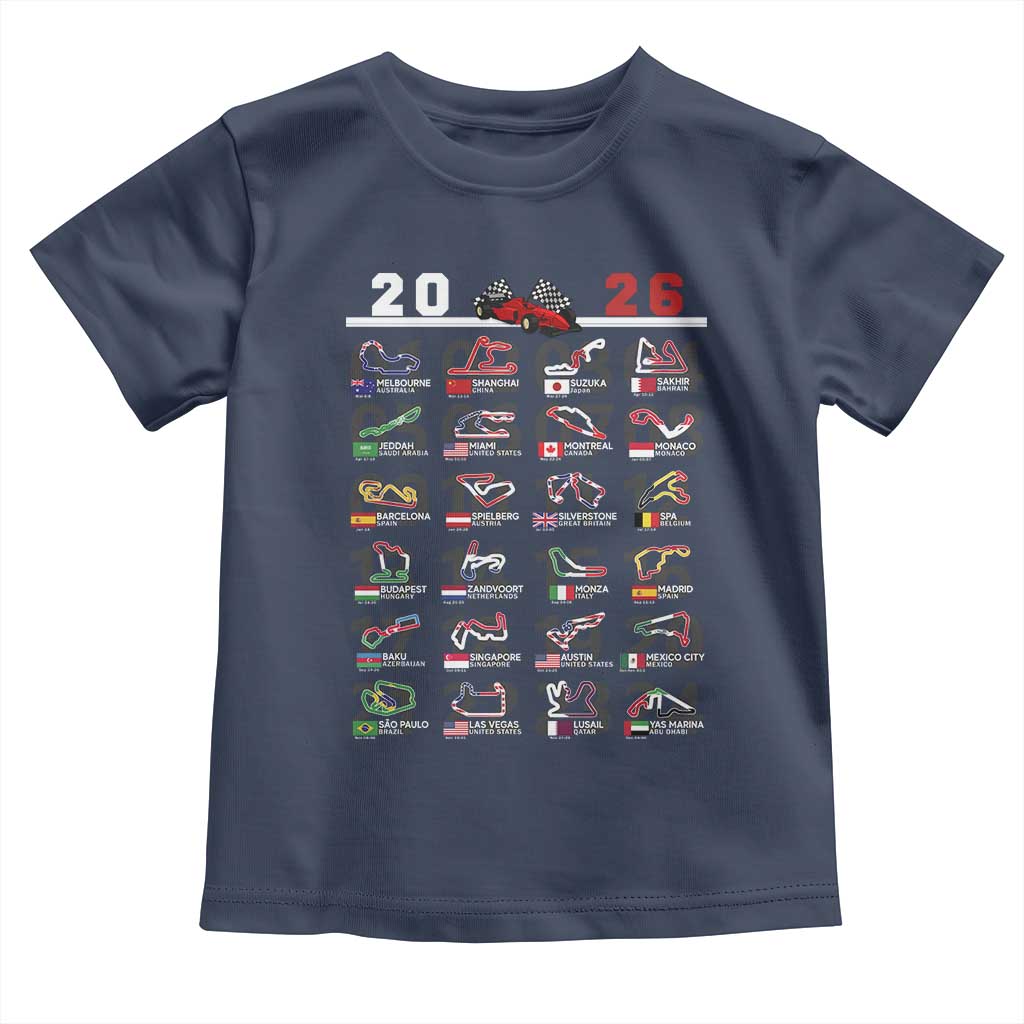 2026 Car Racing Circuit Toddler T Shirt International Race Track Schedule Graphic with Flags TS02 Navy Print Your Wear