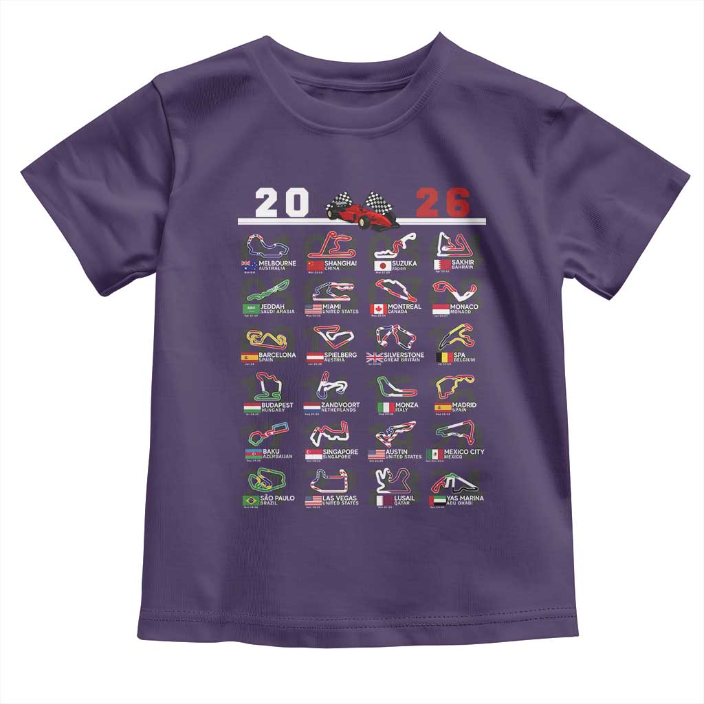 2026 Car Racing Circuit Toddler T Shirt International Race Track Schedule Graphic with Flags TS02 Purple Print Your Wear