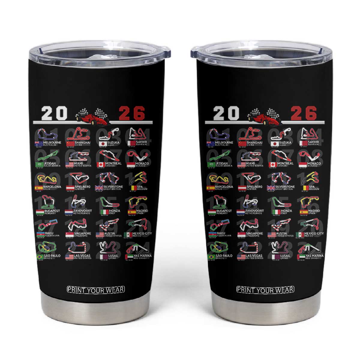 2026 Car Racing Circuit Tumbler Cup International Race Track Schedule Graphic with Flags TS02 Black Print Your Wear