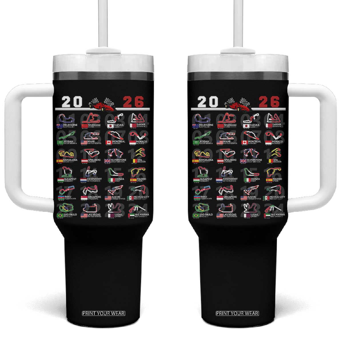 2026 Car Racing Circuit Tumbler With Handle International Race Track Schedule Graphic with Flags TS02 One Size: 40 oz Black Print Your Wear