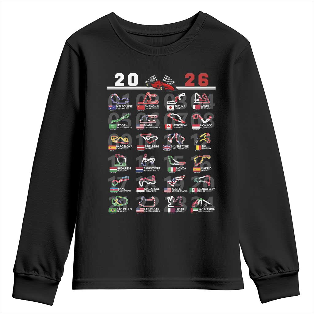 2026 Car Racing Circuit Youth Sweatshirt International Race Track Schedule Graphic with Flags TS02 Black Print Your Wear