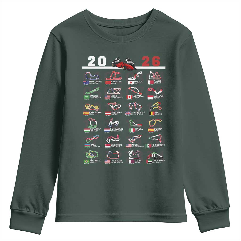 2026 Car Racing Circuit Youth Sweatshirt International Race Track Schedule Graphic with Flags TS02 Dark Forest Green Print Your Wear