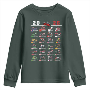 2026 Car Racing Circuit Youth Sweatshirt International Race Track Schedule Graphic with Flags TS02 Dark Forest Green Print Your Wear
