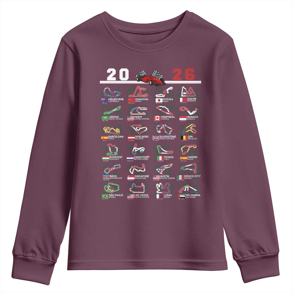 2026 Car Racing Circuit Youth Sweatshirt International Race Track Schedule Graphic with Flags TS02 Maroon Print Your Wear