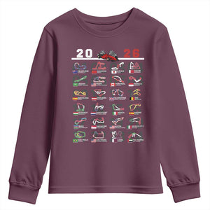 2026 Car Racing Circuit Youth Sweatshirt International Race Track Schedule Graphic with Flags TS02 Maroon Print Your Wear