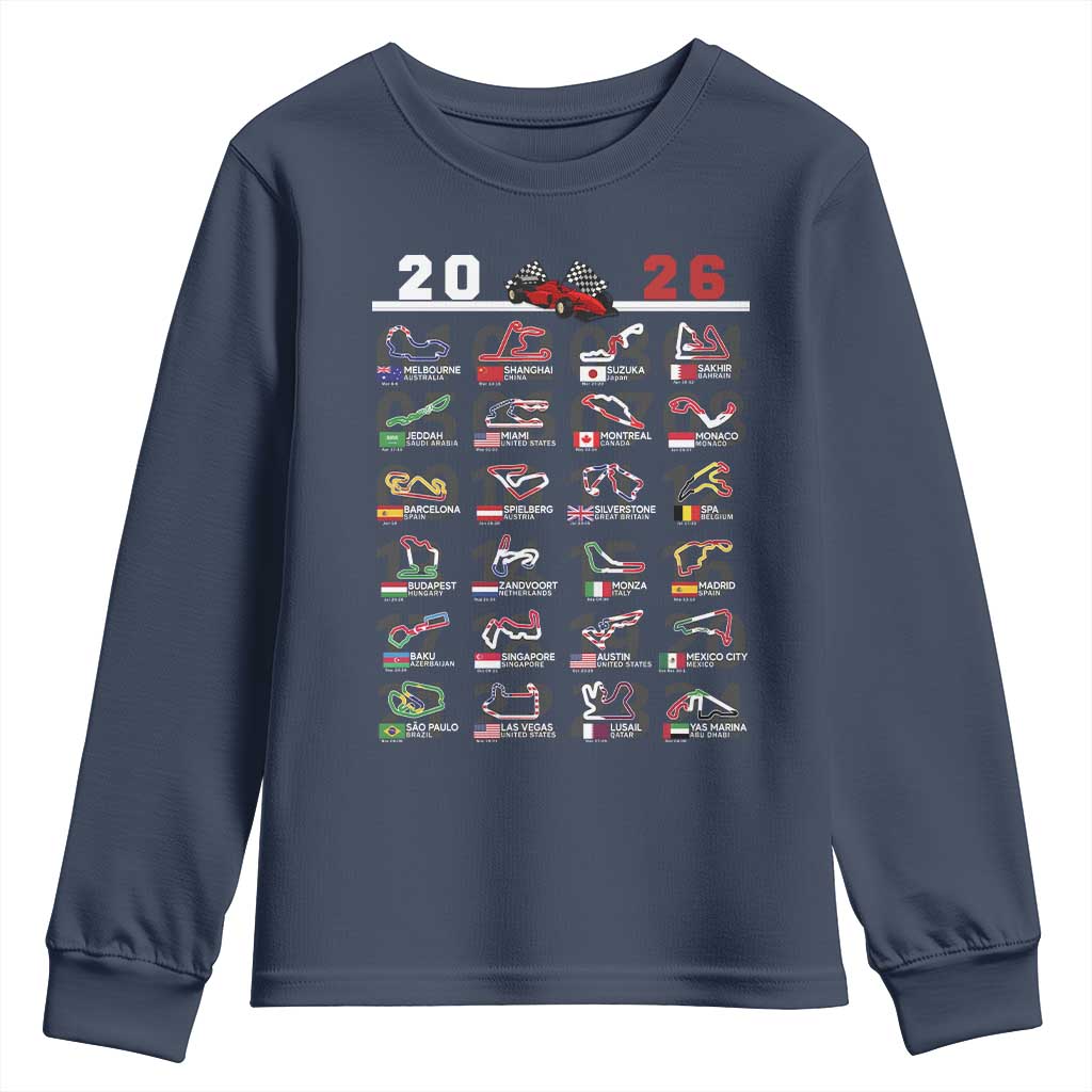 2026 Car Racing Circuit Youth Sweatshirt International Race Track Schedule Graphic with Flags TS02 Navy Print Your Wear