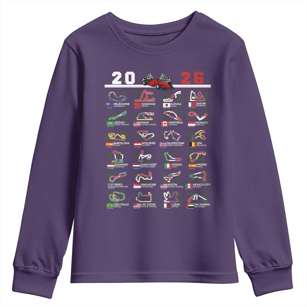 2026 Car Racing Circuit Youth Sweatshirt International Race Track Schedule Graphic with Flags TS02 Purple Print Your Wear