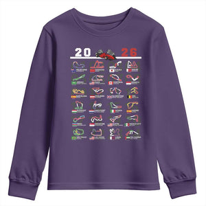 2026 Car Racing Circuit Youth Sweatshirt International Race Track Schedule Graphic with Flags TS02 Purple Print Your Wear