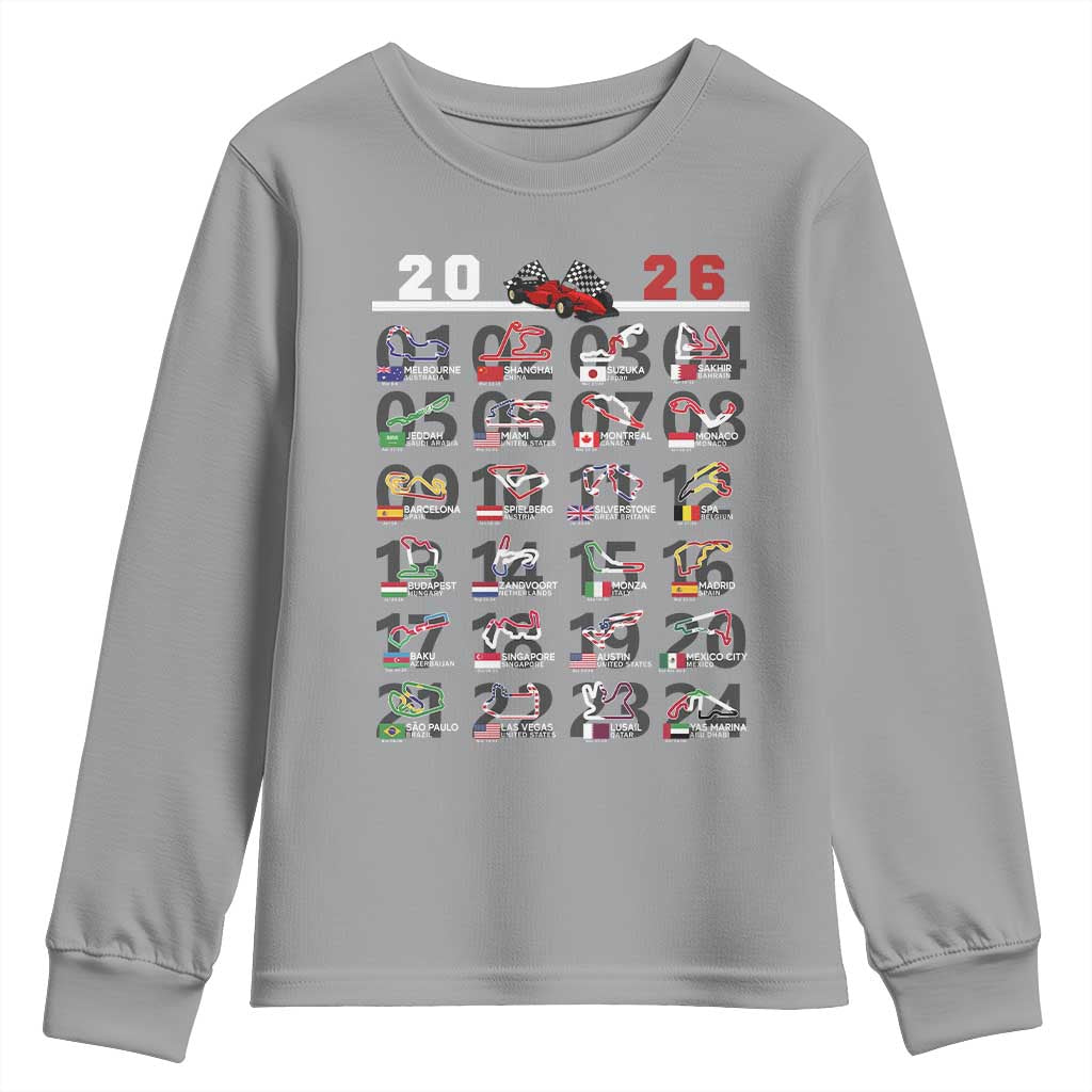 2026 Car Racing Circuit Youth Sweatshirt International Race Track Schedule Graphic with Flags TS02 Sport Gray Print Your Wear