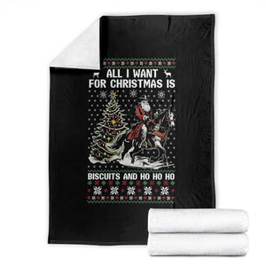 Funny Western Christmas Cowboy Santa Throw Blanket All I Want for Christmas Is Biscuits and Ho Ho Ho TS02 Black Print Your Wear