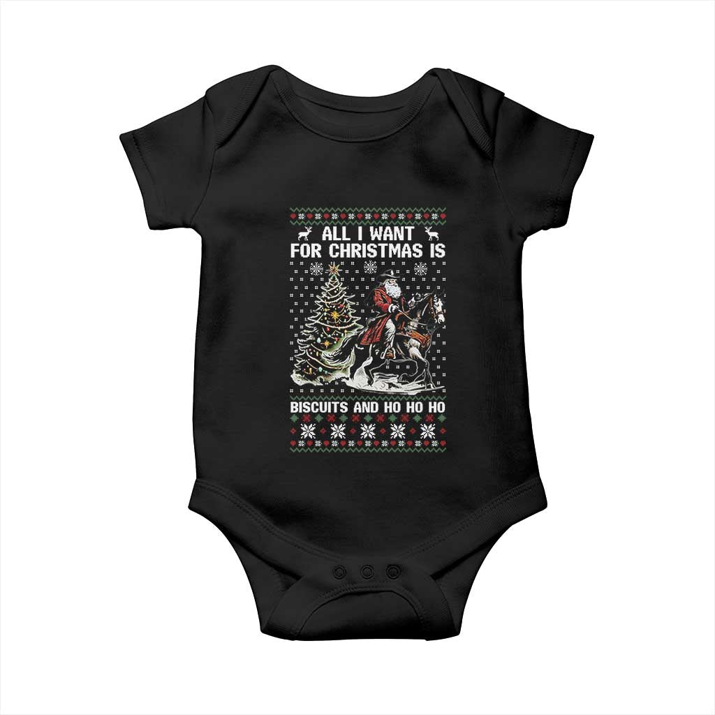 Funny Western Christmas Cowboy Santa Baby Onesie All I Want for Christmas Is Biscuits and Ho Ho Ho TS02 Black Print Your Wear