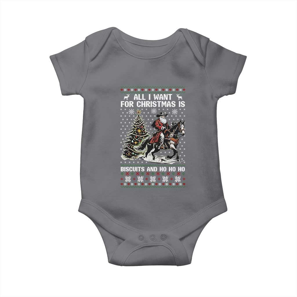 Funny Western Christmas Cowboy Santa Baby Onesie All I Want for Christmas Is Biscuits and Ho Ho Ho TS02 Charcoal Print Your Wear