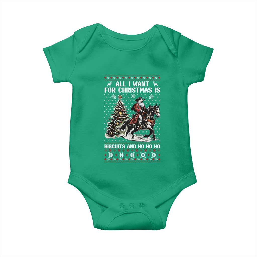 Funny Western Christmas Cowboy Santa Baby Onesie All I Want for Christmas Is Biscuits and Ho Ho Ho TS02 Irish Green Print Your Wear