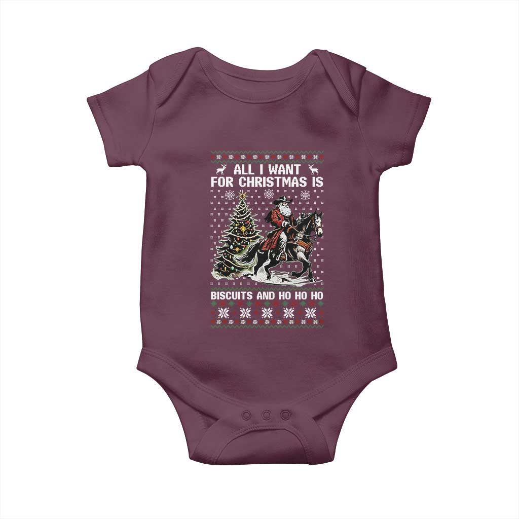 Funny Western Christmas Cowboy Santa Baby Onesie All I Want for Christmas Is Biscuits and Ho Ho Ho TS02 Maroon Print Your Wear