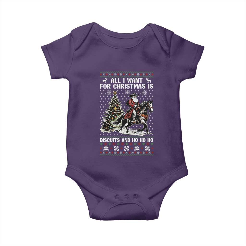 Funny Western Christmas Cowboy Santa Baby Onesie All I Want for Christmas Is Biscuits and Ho Ho Ho TS02 Purple Print Your Wear