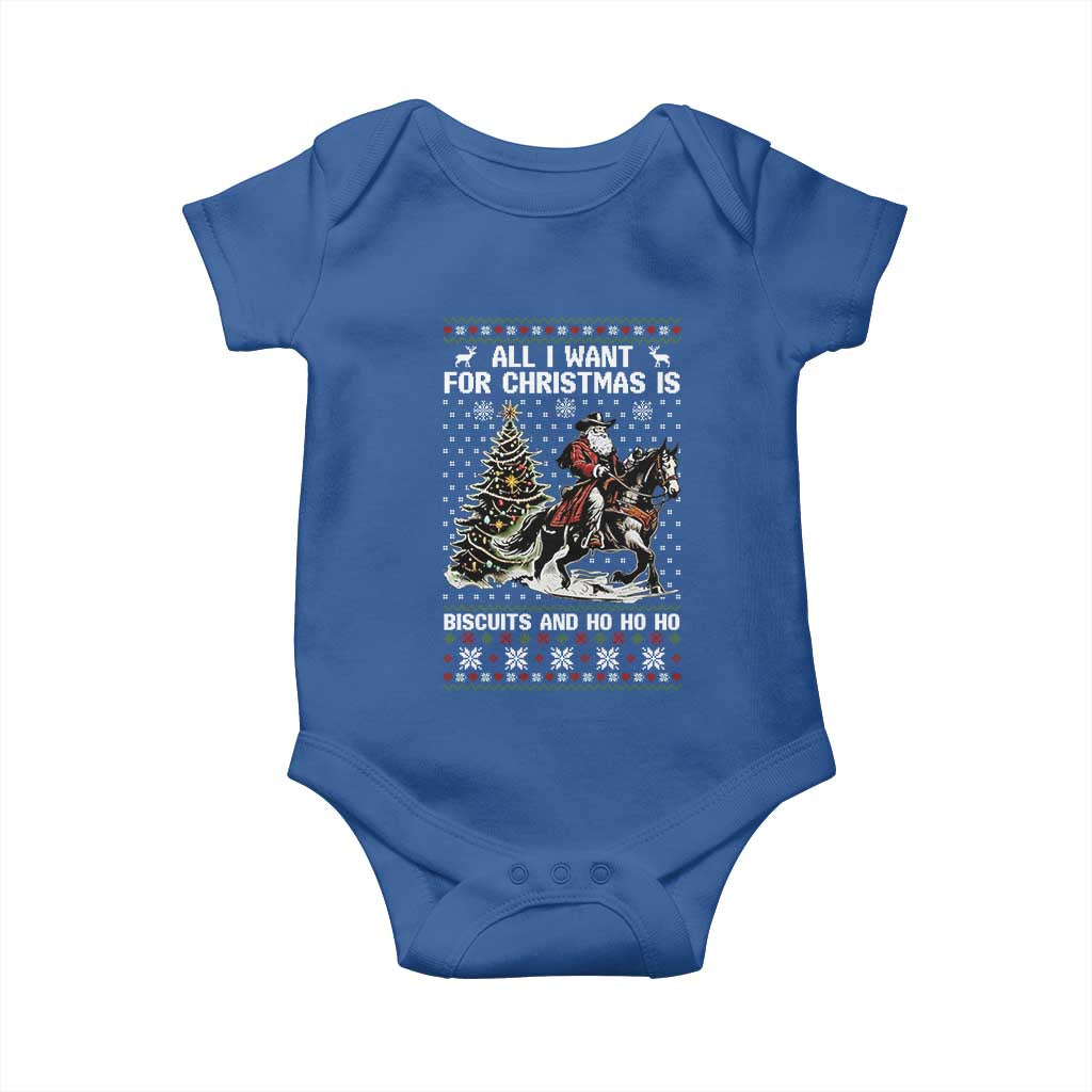 Funny Western Christmas Cowboy Santa Baby Onesie All I Want for Christmas Is Biscuits and Ho Ho Ho TS02 Royal Blue Print Your Wear