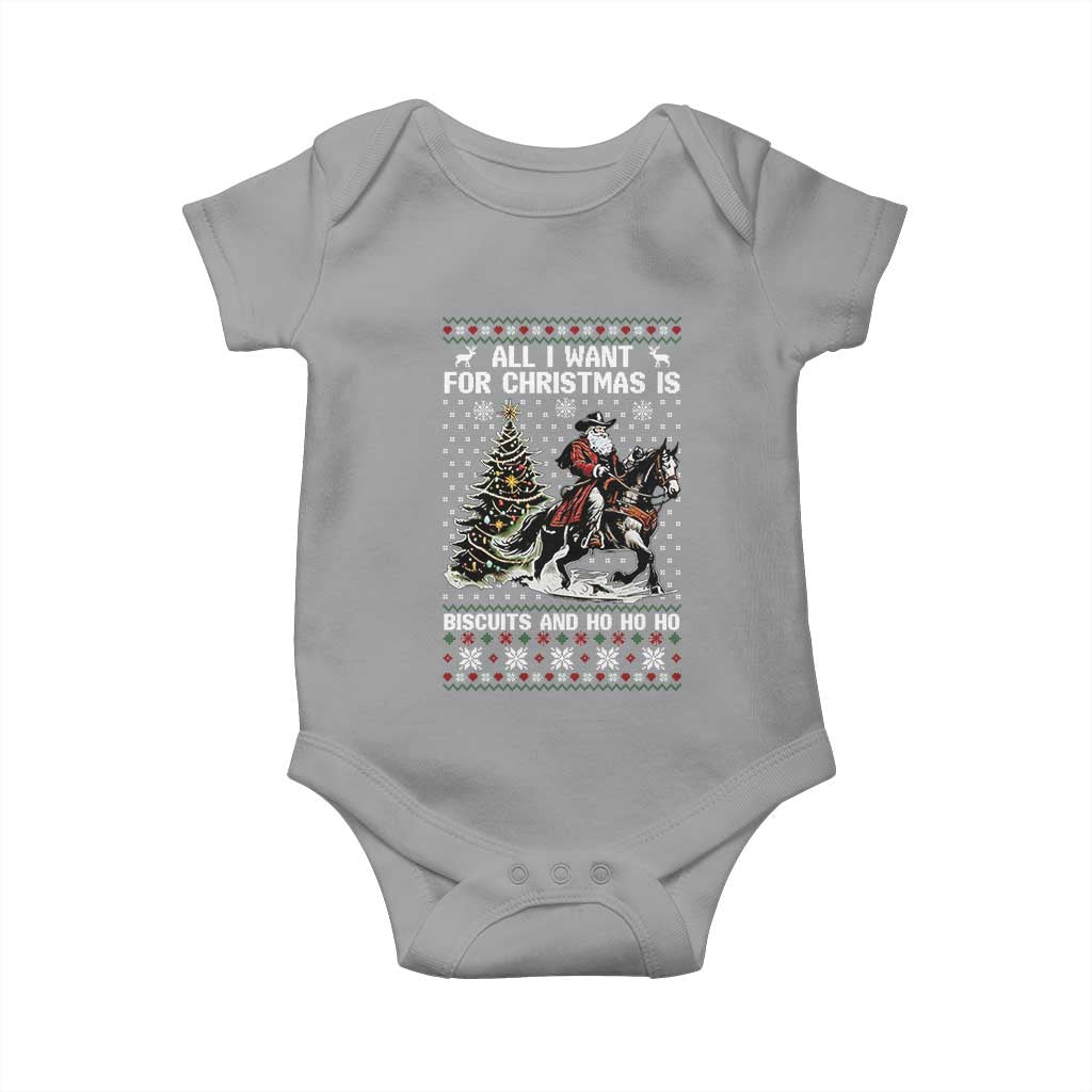 Funny Western Christmas Cowboy Santa Baby Onesie All I Want for Christmas Is Biscuits and Ho Ho Ho TS02 Sport Gray Print Your Wear