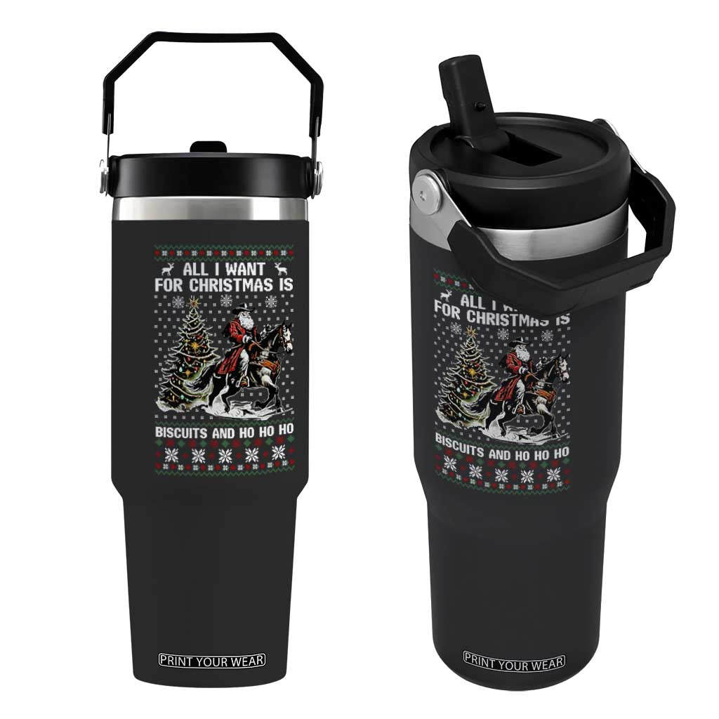 Funny Western Christmas Cowboy Santa Flip Straw Tumbler All I Want for Christmas Is Biscuits and Ho Ho Ho TS02 One Size: 30 oz Black Print Your Wear