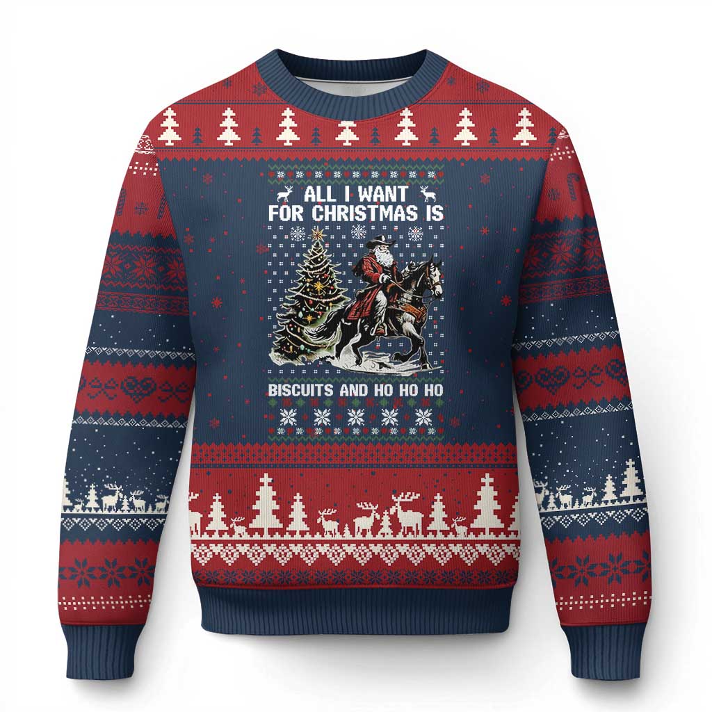 Funny Western Xmas Cowboy Santa Ugly Christmas Sweater All I Want for Xmas Is Biscuits and Ho Ho Ho TS02 Navy Red Print Your Wear