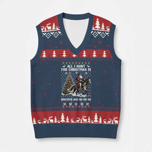 Funny Western Xmas Cowboy Santa V-Neck Knit Sweater Vest All I Want for Xmas Is Biscuits and Ho Ho Ho TS02 Navy Red Print Your Wear